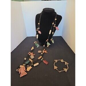 Soapstone & Metal Long Necklace Animal Carvings 32",  7" Carved Bracelet, India